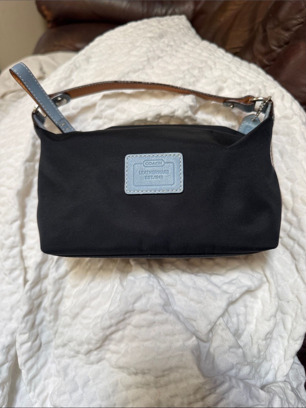 Vintage COACH Black Nylon Mini Bag with Light Blue Leather Trim